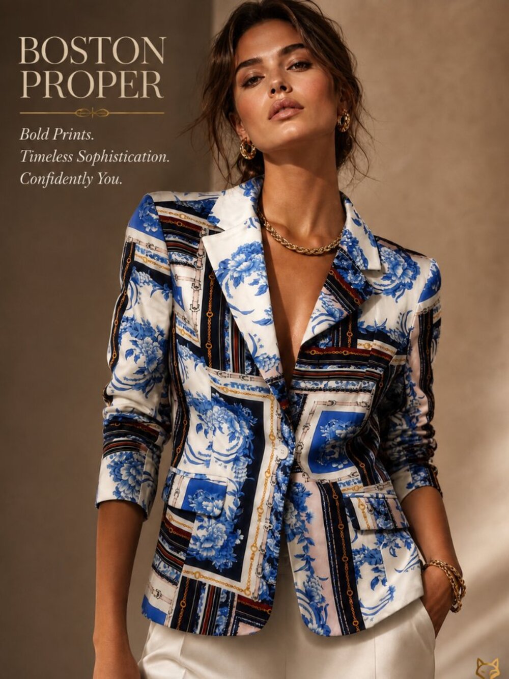 Boston Proper Blue & White Porcelain Floral Blazer Gold Chain Accent Size 6 NEW